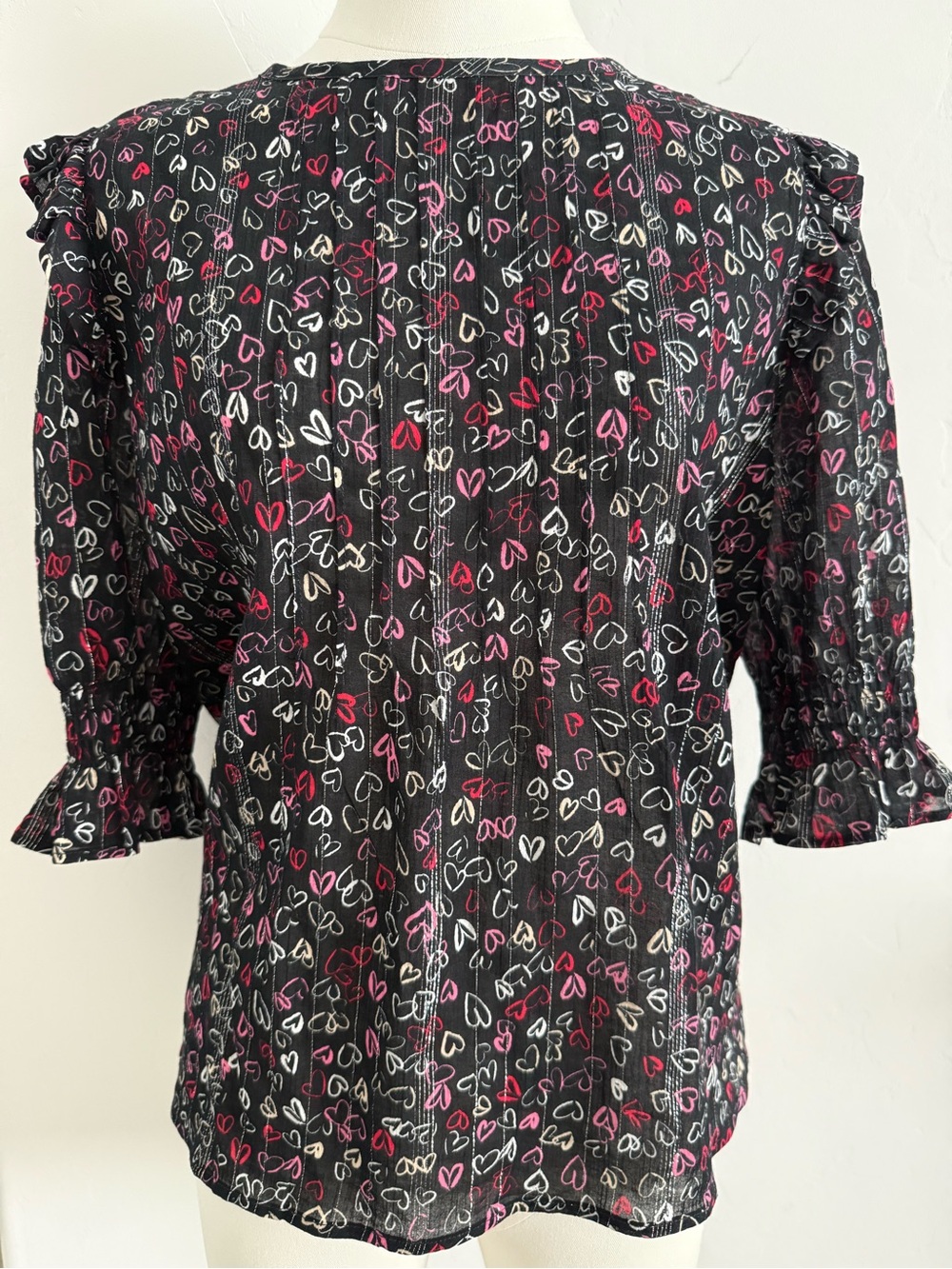 Womens Loft Black Heart-Print Blouse with silver lurex- elbow length sleeve M